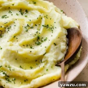 A close-up photo of mashed potatoes swirled in a bowl with a wooden spoon.
