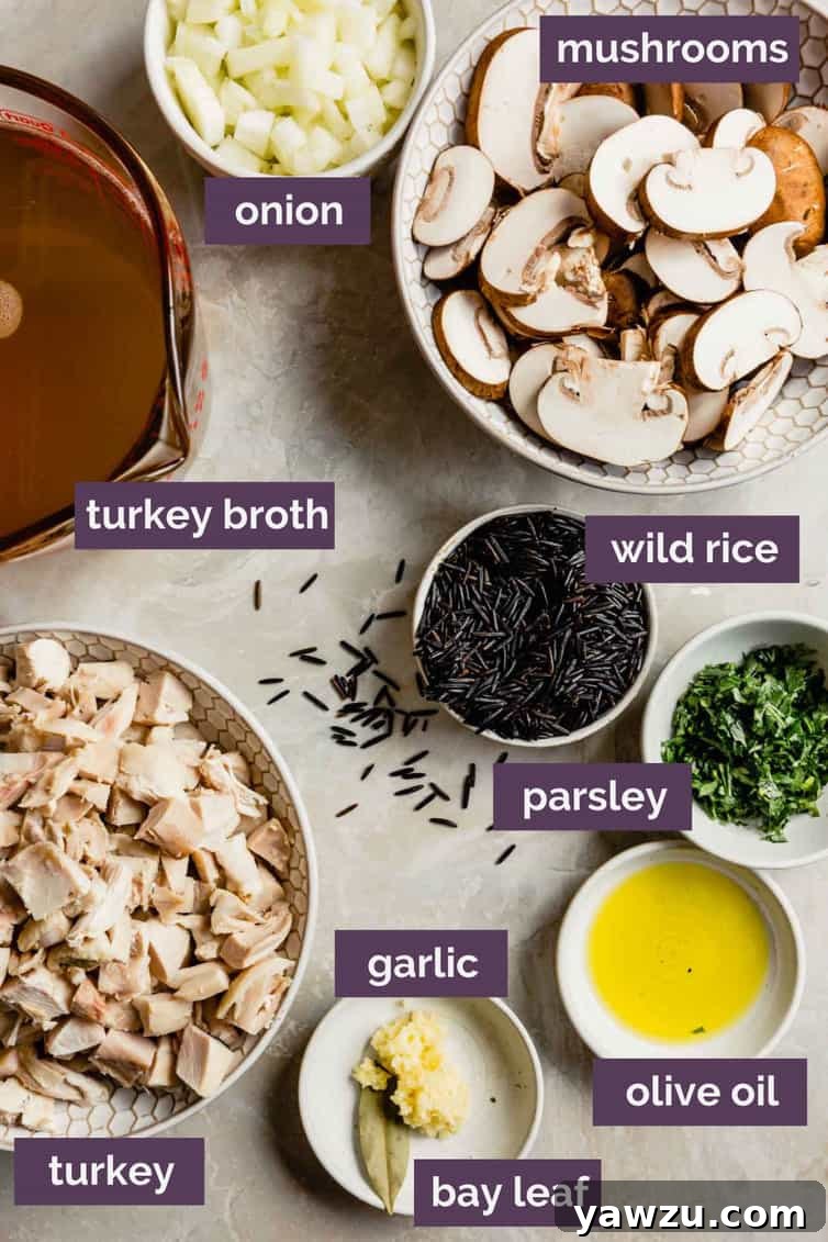Ingredients for turkey wild rice soup prepped and labeled.