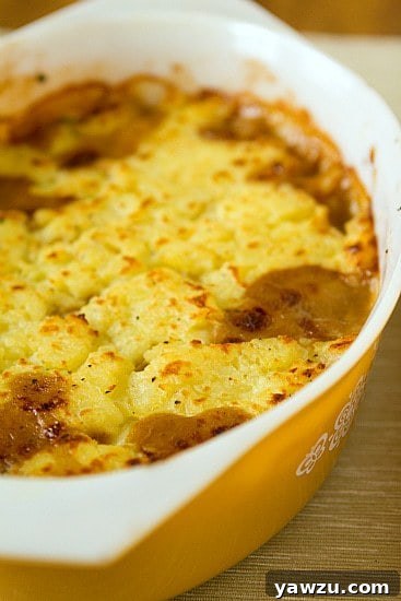 Close-up of a bubbling Turkey Pot Pie, revealing a rich filling of turkey, mushrooms, and peas beneath a mashed potato crust.