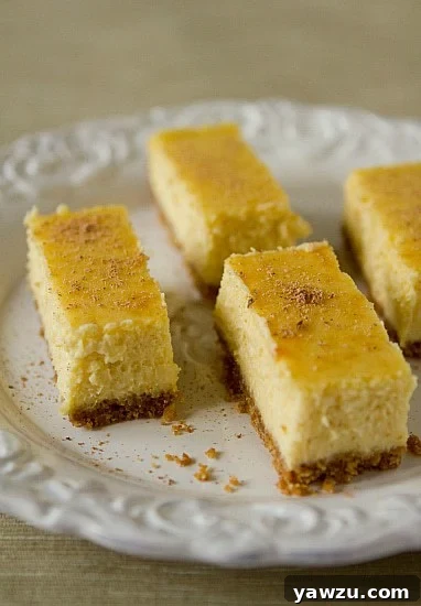 Side view of sliced Eggnog Cheesecake Bars on a plate