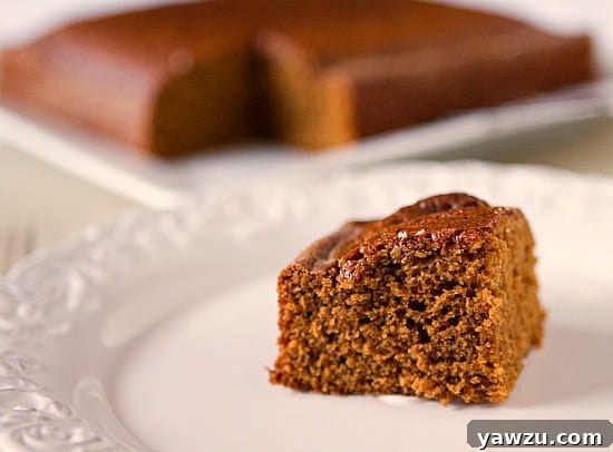 A beautifully baked gingerbread cake, golden brown and inviting, topped with a dusting of powdered sugar.