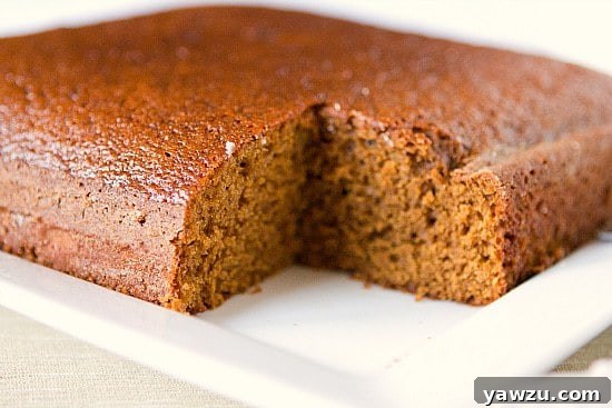 A close-up shot of a single slice of moist gingerbread cake, displaying its tender crumb and rich brown color.