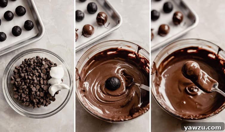 Step by step photos of dipping Oreo truffles in melted chocolate.