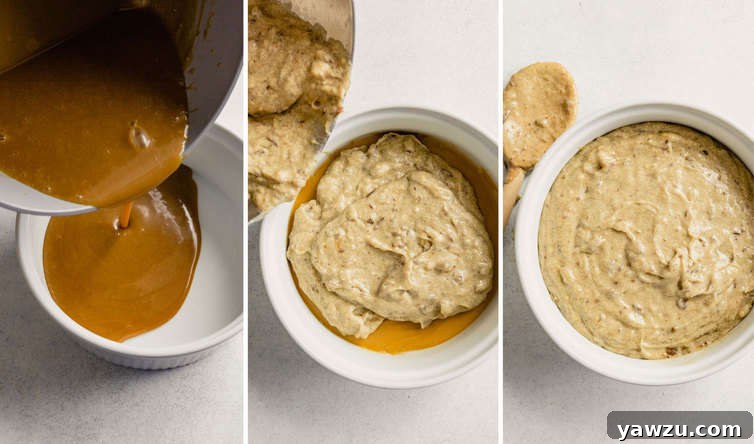 Pouring toffee and sticky pudding batter into souffle dish.