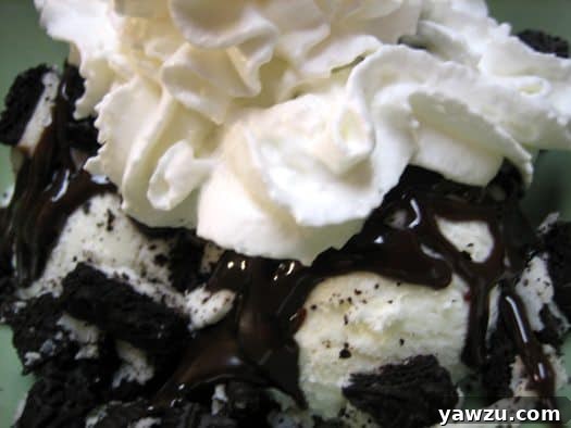 Vanilla ice cream topped with whipped cream, chocolate sauce, and crushed chocolate cookies, a truly decadent treat.