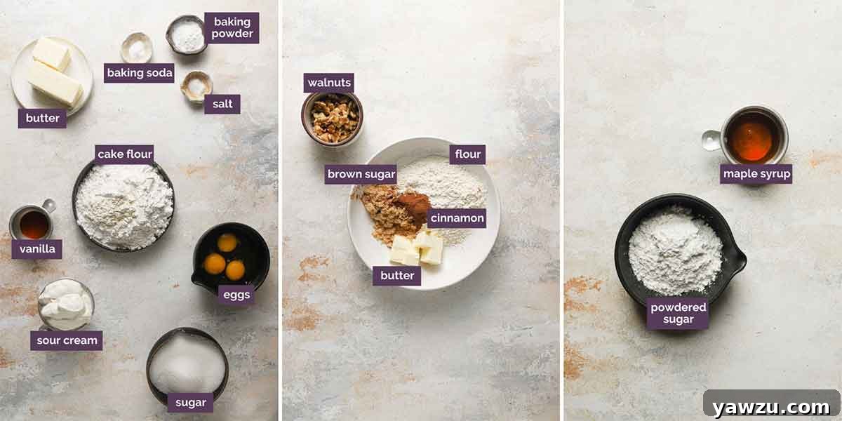 A three-photo collage of all the ingredients needed for the coffee cake, streusel, and glaze, all prepped and labeled.