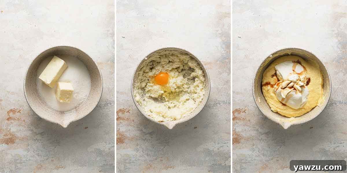 Three photo series of mixing together the butter, sugar, and wet ingredients for the coffee cake.
