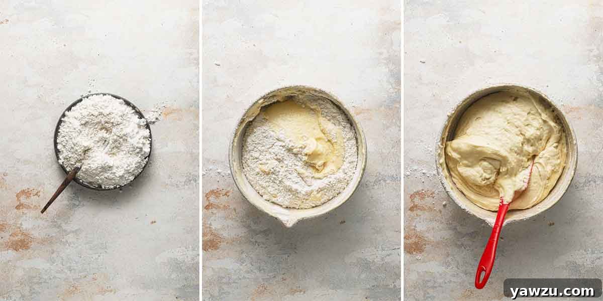 Three photo series of dry ingredients being added to and mixed into the coffee cake batter.