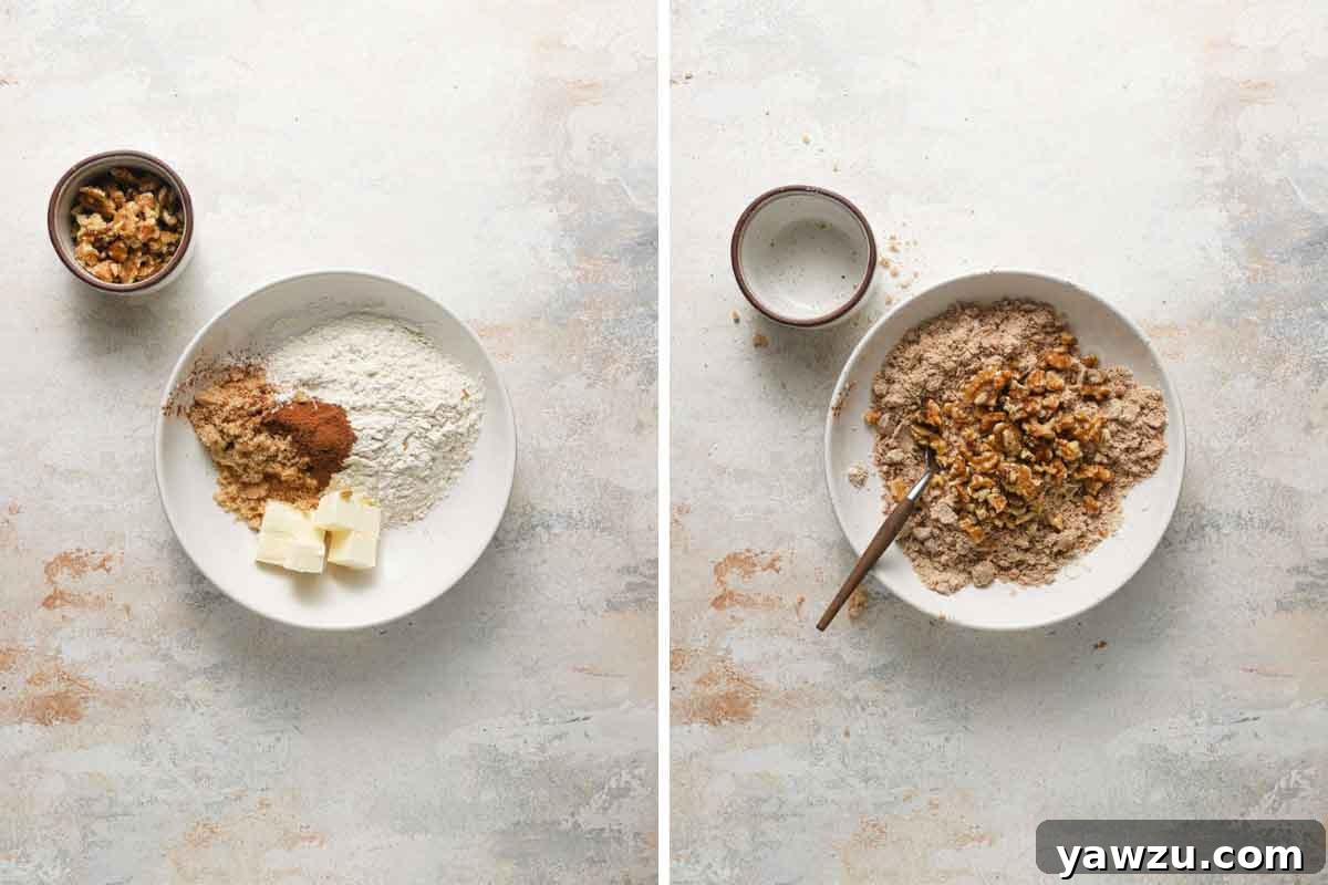 Streusel for the filling and top of the coffee cake mixed together in a white bowl.