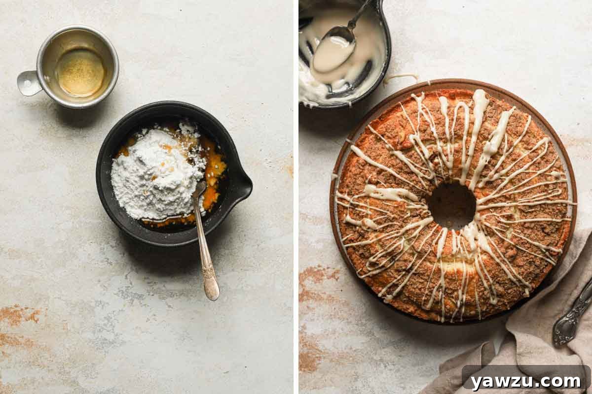 Side by side photos of glaze ingredients in a bowl and an overhead photo of the coffee cake freshly drizzled with maple glaze.
