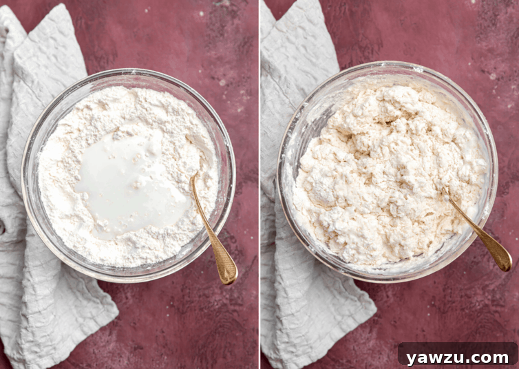 Side by side photos of Irish soda bread batter being mixed together.