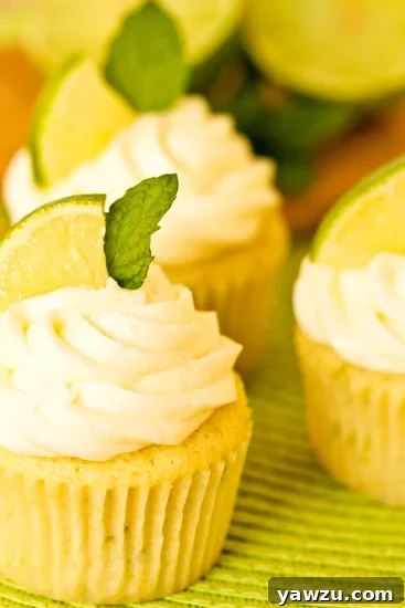 Beautifully frosted Mojito Cupcakes garnished with lime wedges and mint leaves