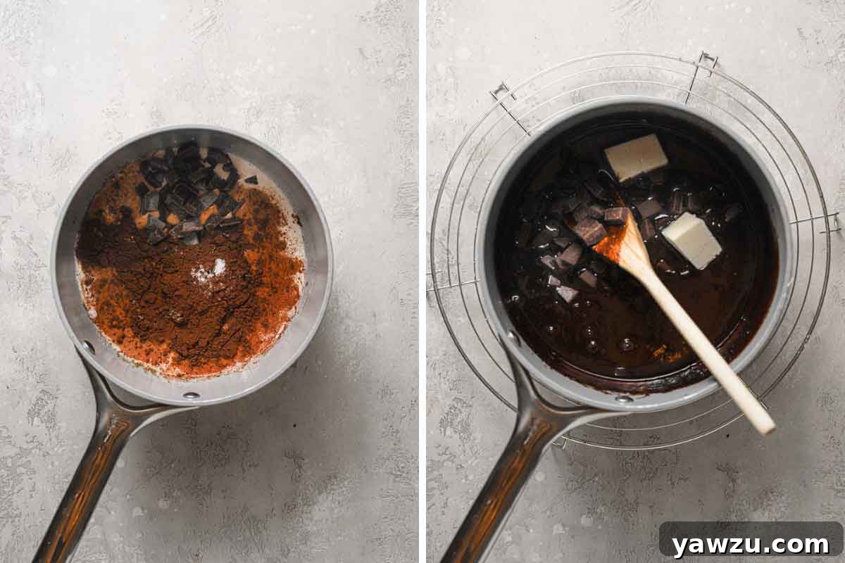 Side by side photos showing the process of making hot fudge sauce in a saucepan on a stove.