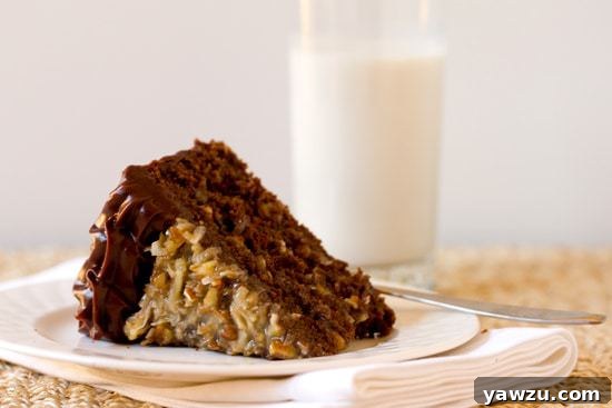 Three decadent slices of German Chocolate Cake with a whole cake in the background, highlighting the moist texture and abundant filling