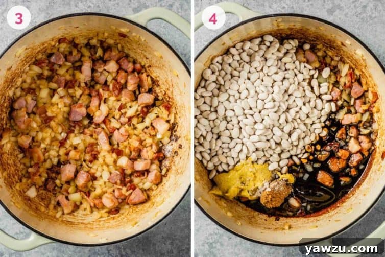 Side-by-side photos of a white Dutch oven; the left shows aromatics cooking, and the right shows all other ingredients added and simmering.