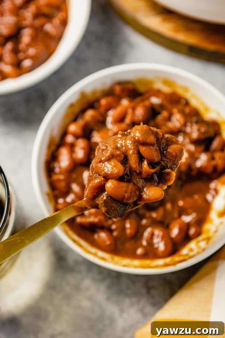 A spoon with a scoop of Boston baked beans held over a white bowl.