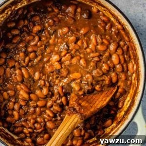 A top down photo of Boston baked beans in a dutch oven with a wooden spoon.