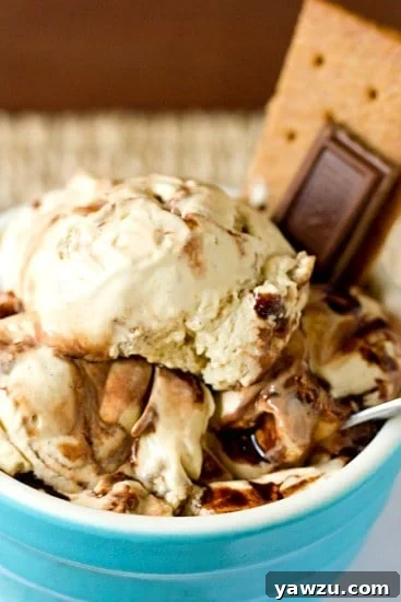 Toasted Marshmallow S'mores Ice Cream, a perfect summer dessert with a fudge swirl and graham cracker chunks.