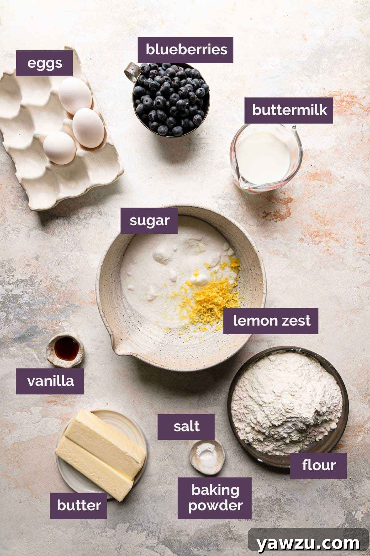 Ingredients for lemon blueberry bundt cake prepped and labeled.