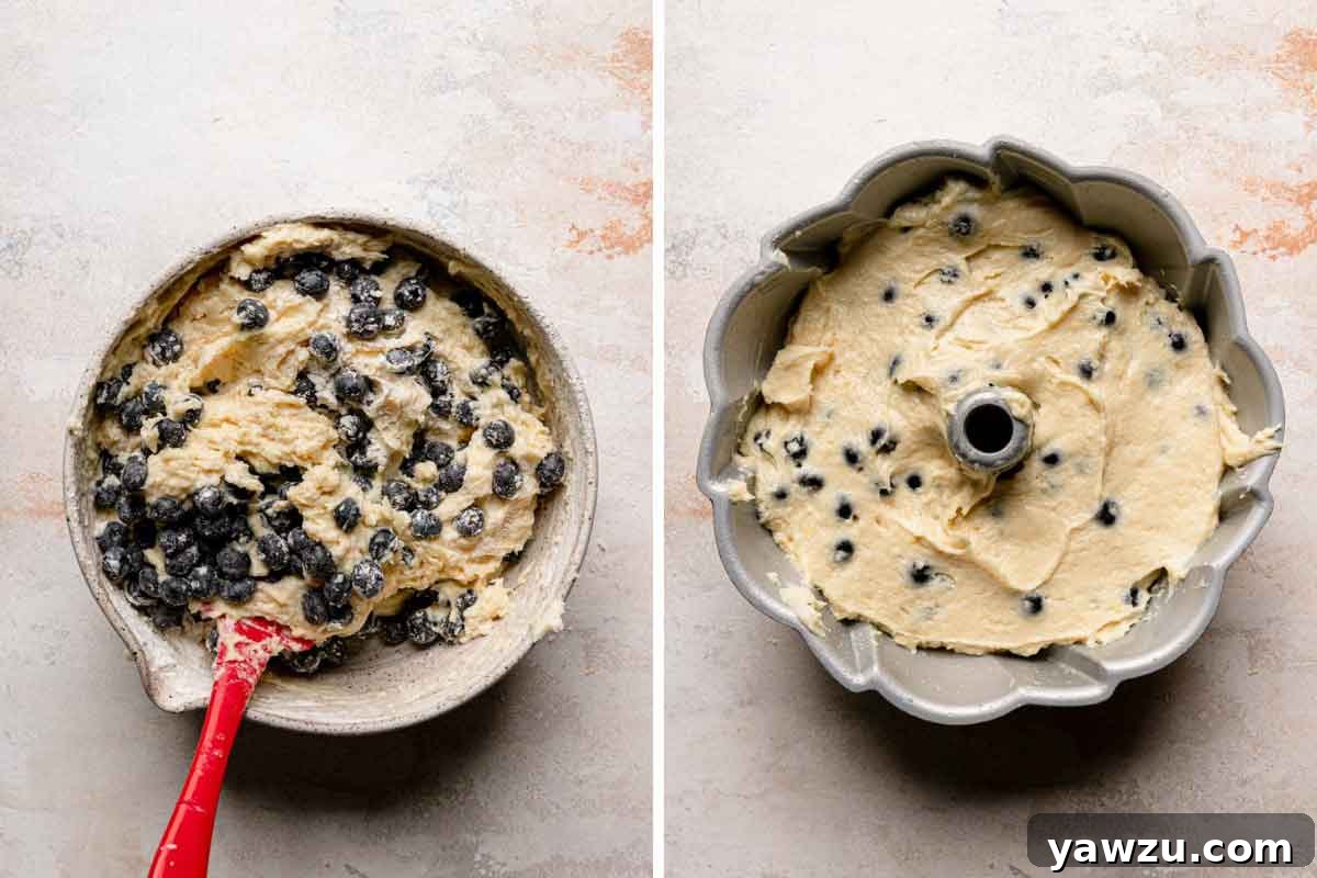 Side by side photos of the batter for lemon blueberry cake being mixed together and then spread into a Bundt pan.