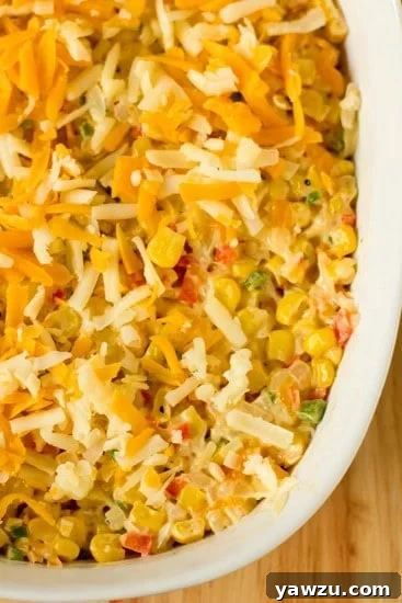 Hot Corn Dip ingredients prepped in a baking dish