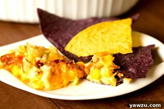 Hot Corn, Pepper and Cheese Dip in a serving dish with tortilla chips