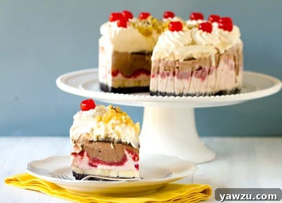 Tall Banana Split Ice Cream Cake with colorful layers