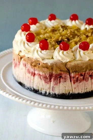 Side view of Banana Split Ice Cream Cake showing layers