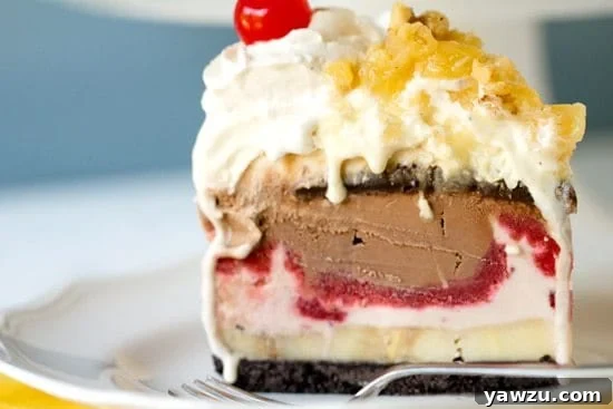 Close up of a slice of Banana Split Ice Cream Cake