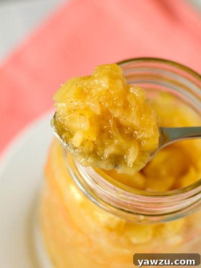 A close-up shot of the fresh, chunky pineapple topping, ready to be served.