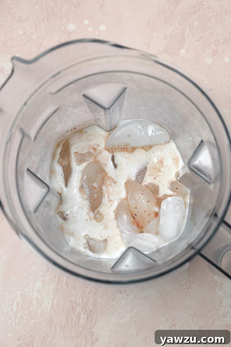 Ice, milk, and chocolate mixture in a blender.