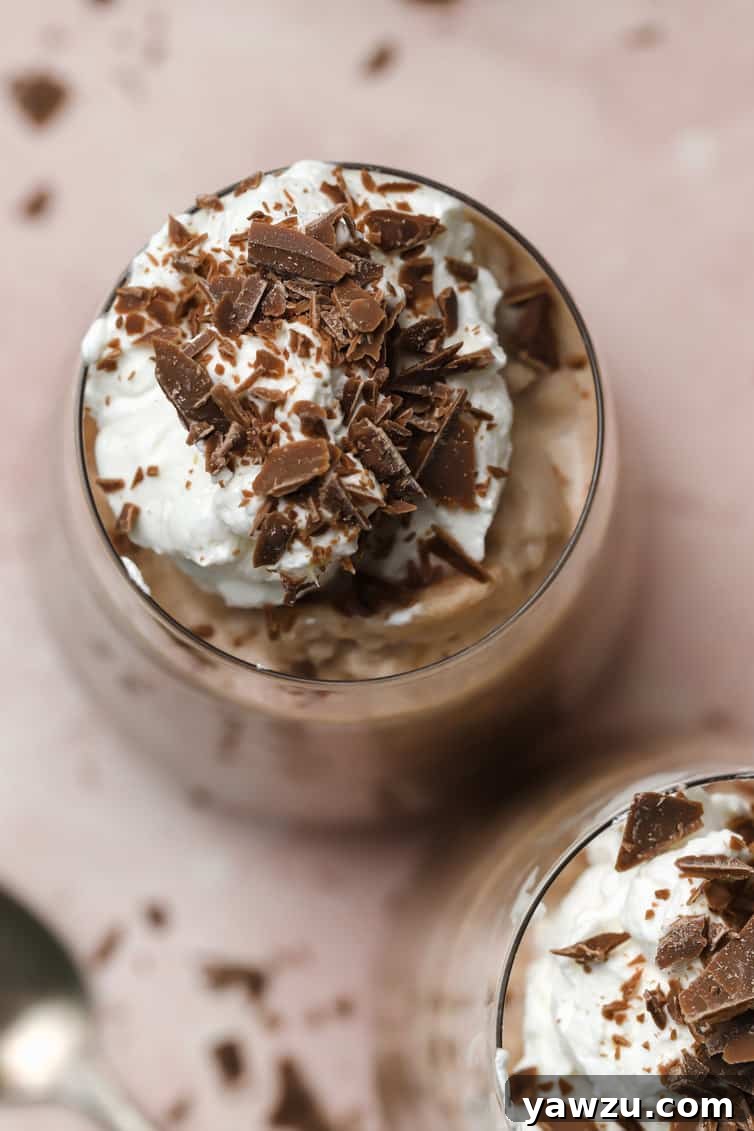 Overhead photo of a glass of frozen hot chocolate with whipped cream and chocolate shavings.