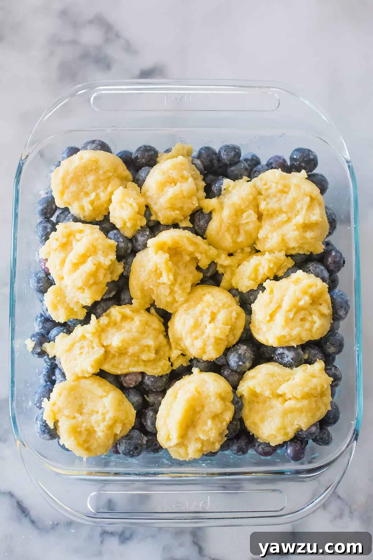Assembled pan of blueberry cobbler before going into the oven.