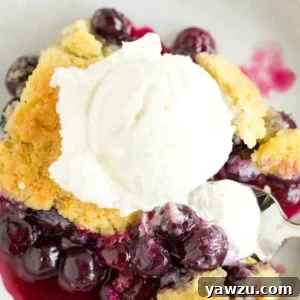 Warm blueberry cobbler topped with a scoop of ice cream and a spoon to the right.