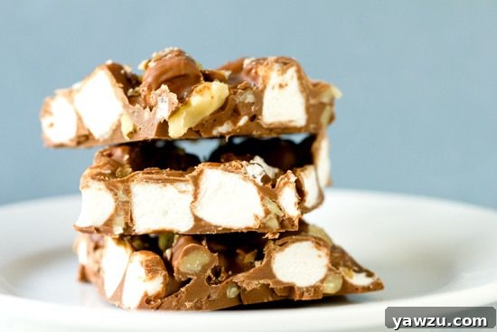 Delicious Rocky Road Chocolate Bark on a wooden board
