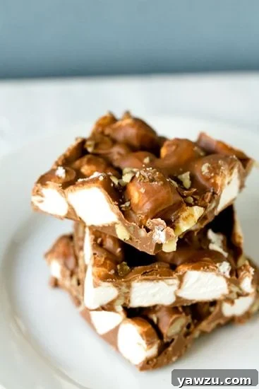 Close-up of Rocky Road Chocolate Bark with marshmallows and nuts