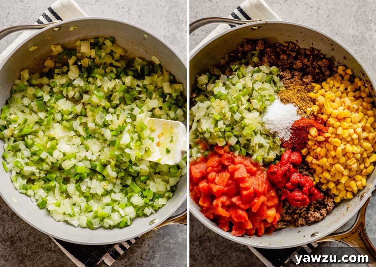 Two side-by-side photos showing the process of cooking the ground beef filling with vegetables and spices in a skillet, illustrating a key step in the Tamale Pie recipe.