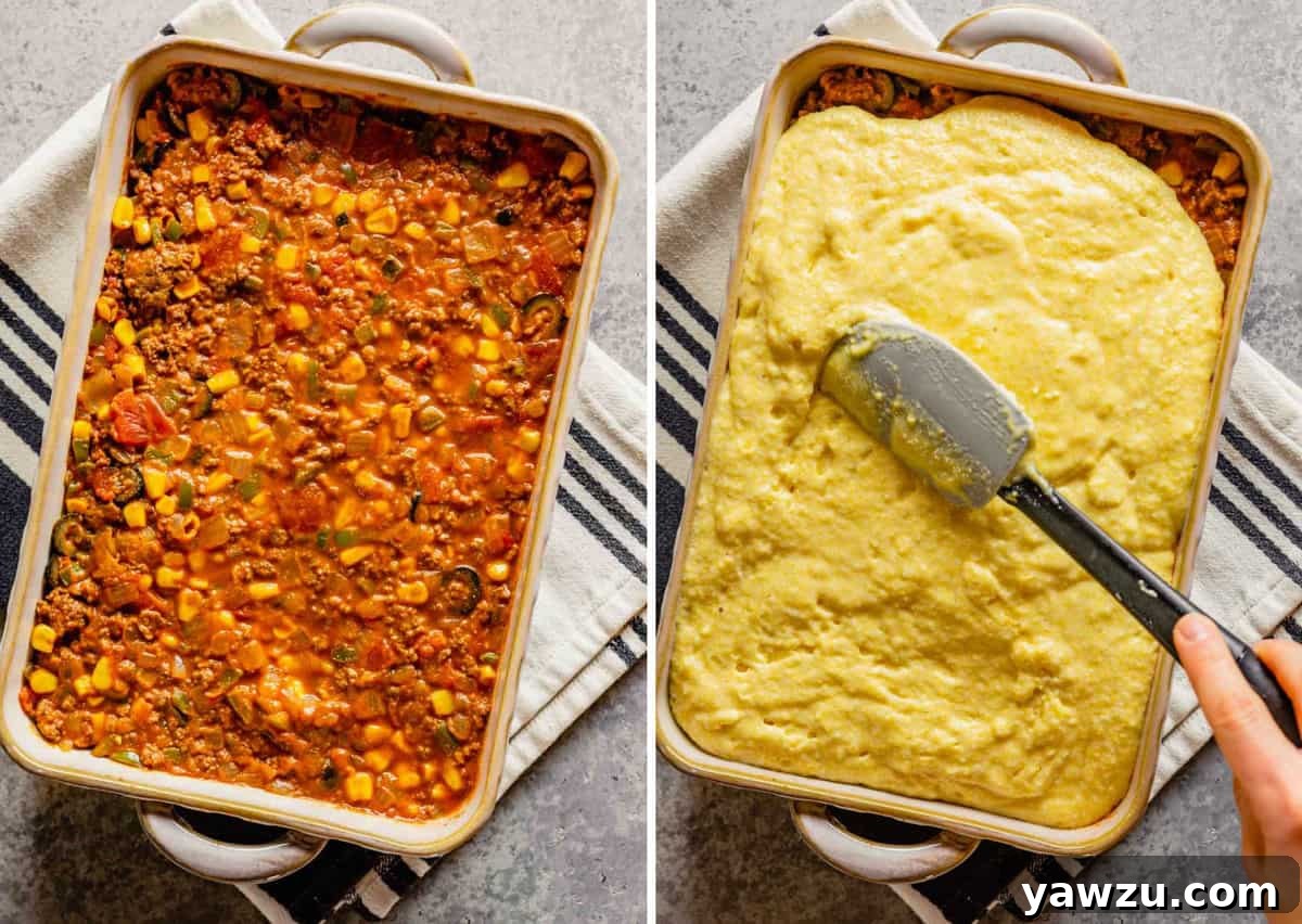Side-by-side photos featuring a casserole dish with the robust beef filling on the left and the prepared cornbread batter in a bowl on the right, ready for assembly.