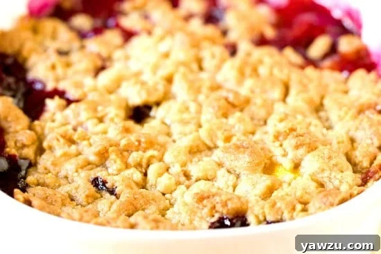 Golden-brown crumble topping over a vibrant peach and blueberry filling