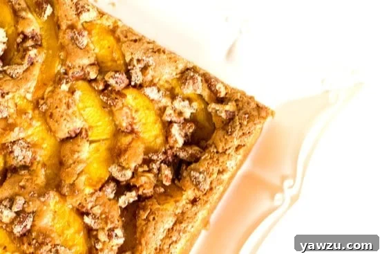 A close-up of Peach Coffee Cake, showing the golden-brown crust and generous peach and pecan topping.