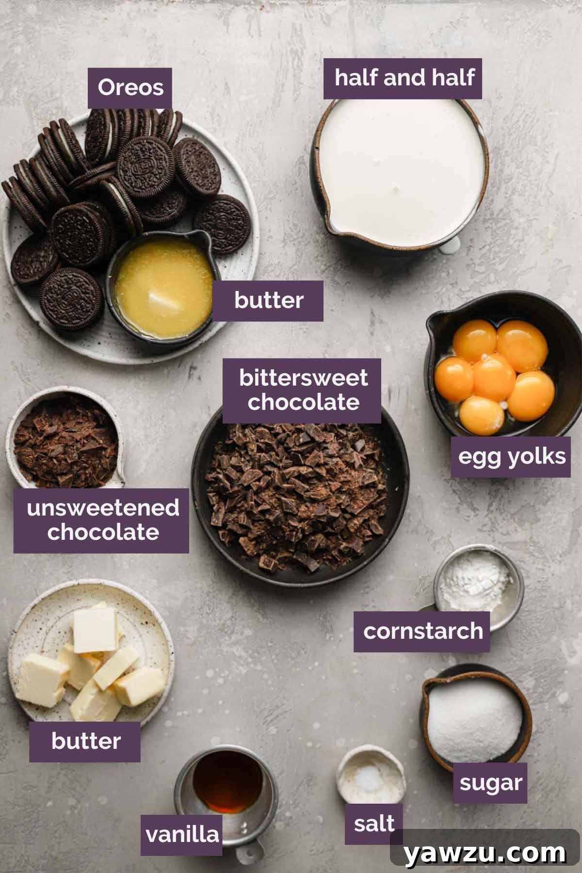 A curated display of key ingredients for chocolate cream pie, meticulously prepped and labeled, including Oreo cookies, half-and-half, various chocolates, and butter.