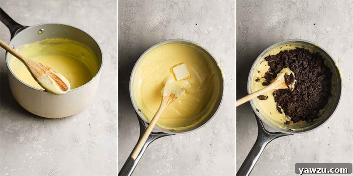 A three-image collage illustrating the process of making chocolate pastry cream: a saucepan with cream, butter being stirred in, and chopped chocolate being incorporated.