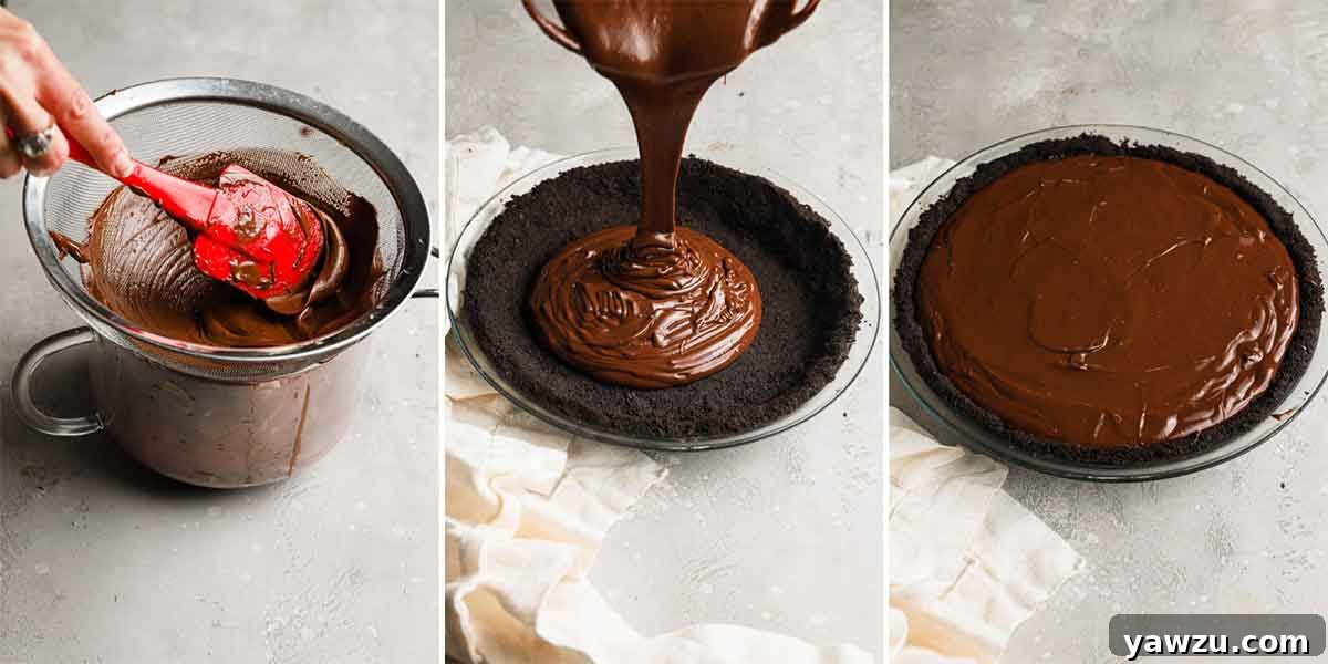 A three-image collage showing chocolate pastry cream being strained through a sieve, then poured into an Oreo pie crust, and finally smoothed into an even layer.