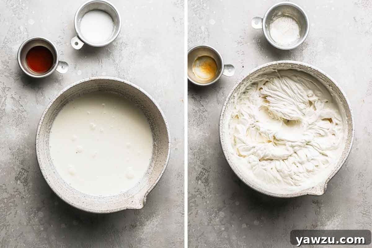 A side-by-side comparison displaying the fresh ingredients for whipped cream next to a bowl of perfectly whipped, fluffy cream.