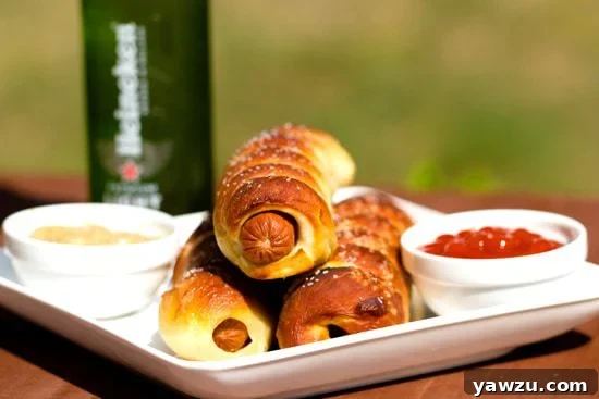 Golden-brown pretzel dogs arranged on a baking sheet, ready to be served, highlighting their crispy exterior.