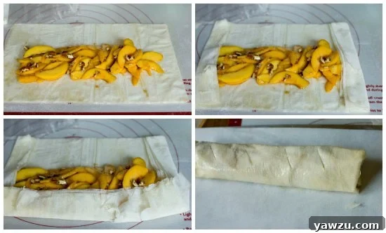 Layering phyllo dough for Peach Strudel