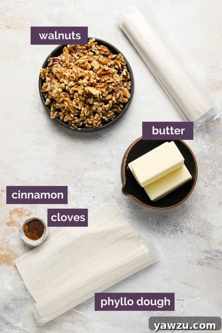 Baklava ingredients arranged on a counter with individual labels for clear identification.