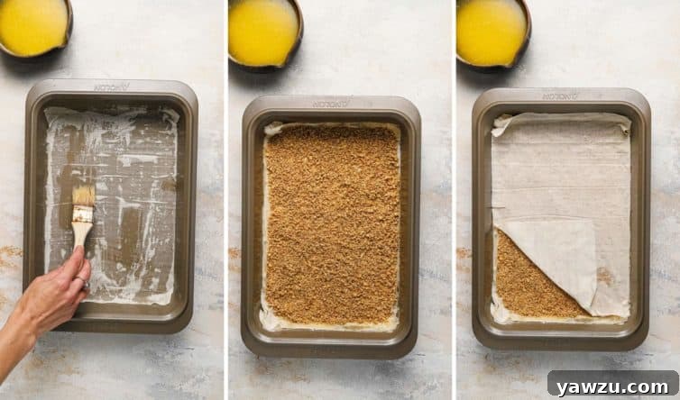 Three side-by-side photos illustrating the process of buttering, layering, and assembling baklava within the pan.