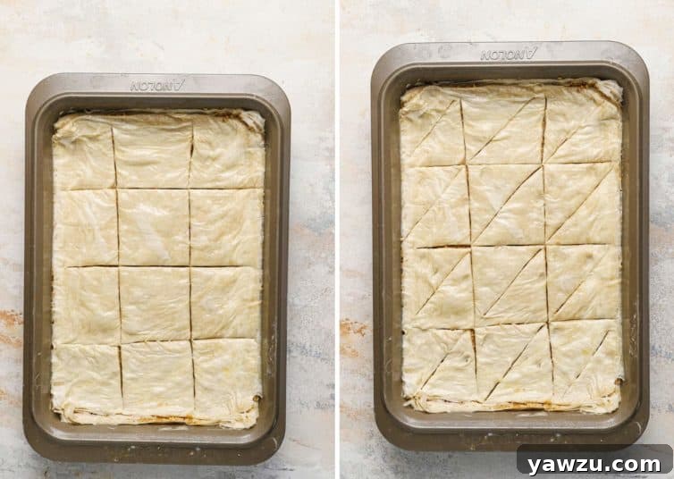 Side-by-side photos demonstrating the cutting of baklava into precise triangles within a baking pan.