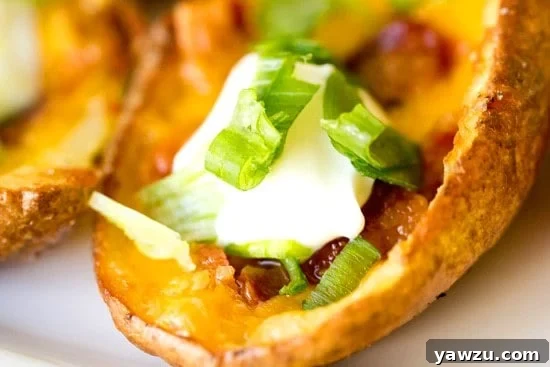 Potato skins garnished with sour cream and green onions